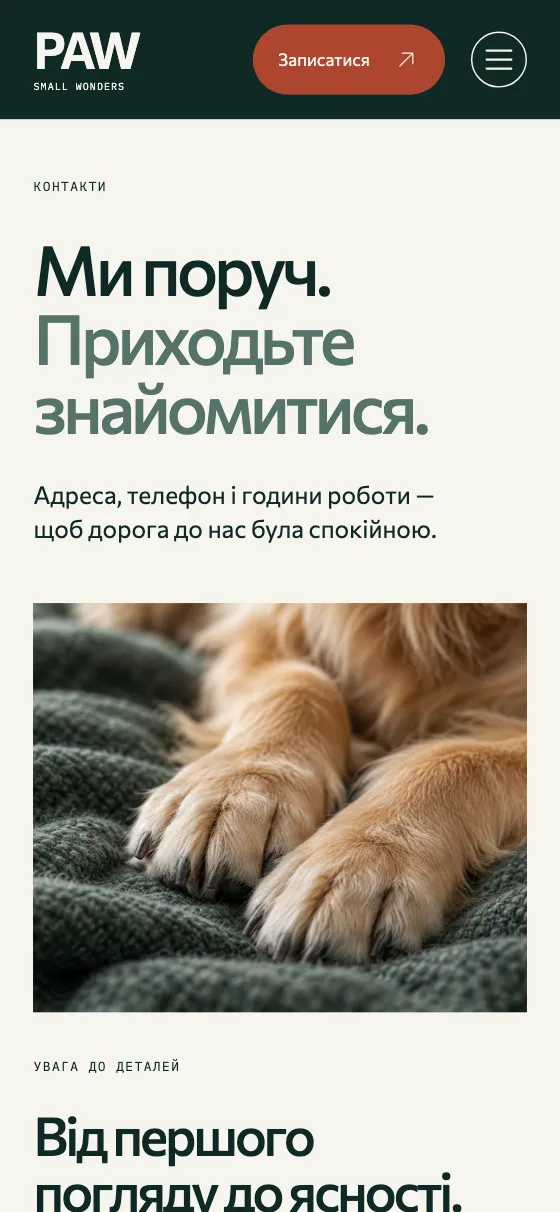 PAW · SMALL WONDERS, mobile version — About the site